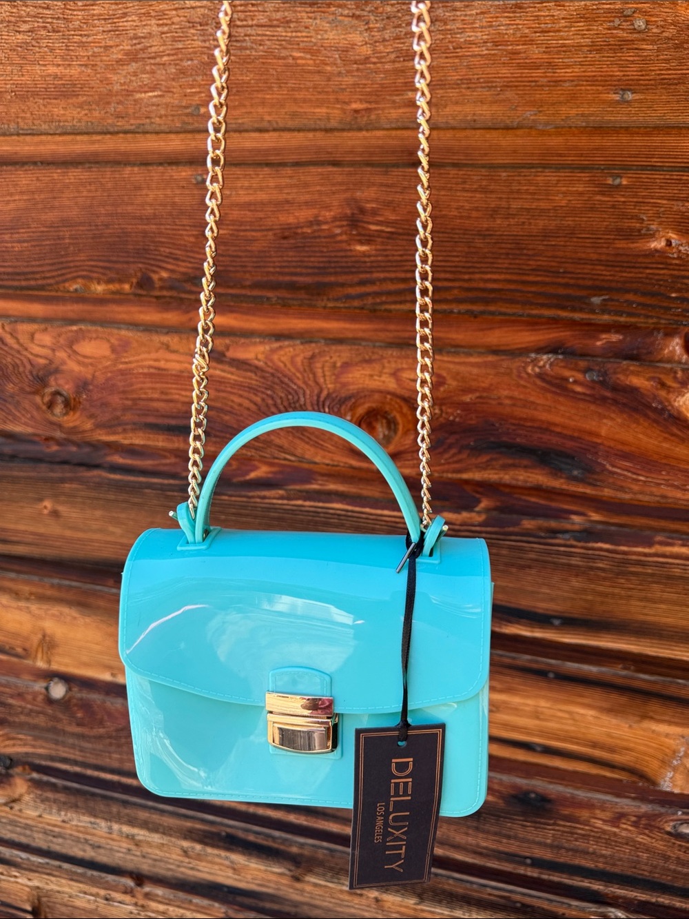 Deluxity LA Turquoise Patent Mini Crossbody with Gold Chain